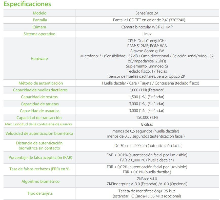 Control de Aceceso ZKTeco SenseFace 2A, Standalone IP, Reconocimiento facial