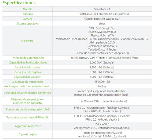 Control de Aceceso ZKTeco SenseFace 2A, Standalone IP, Reconocimiento facial